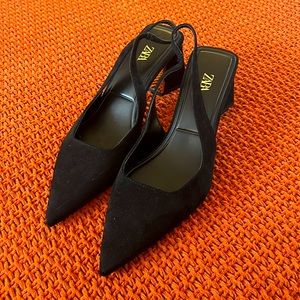 Zara black suede sling backs with gold plated heel